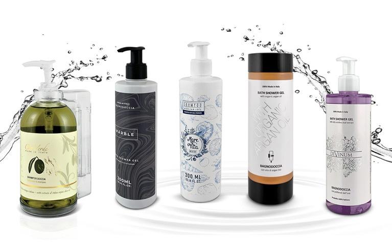 Dispenser doccia hotel ricaricabile per bagnoschiuma, shampoo e crema corpo